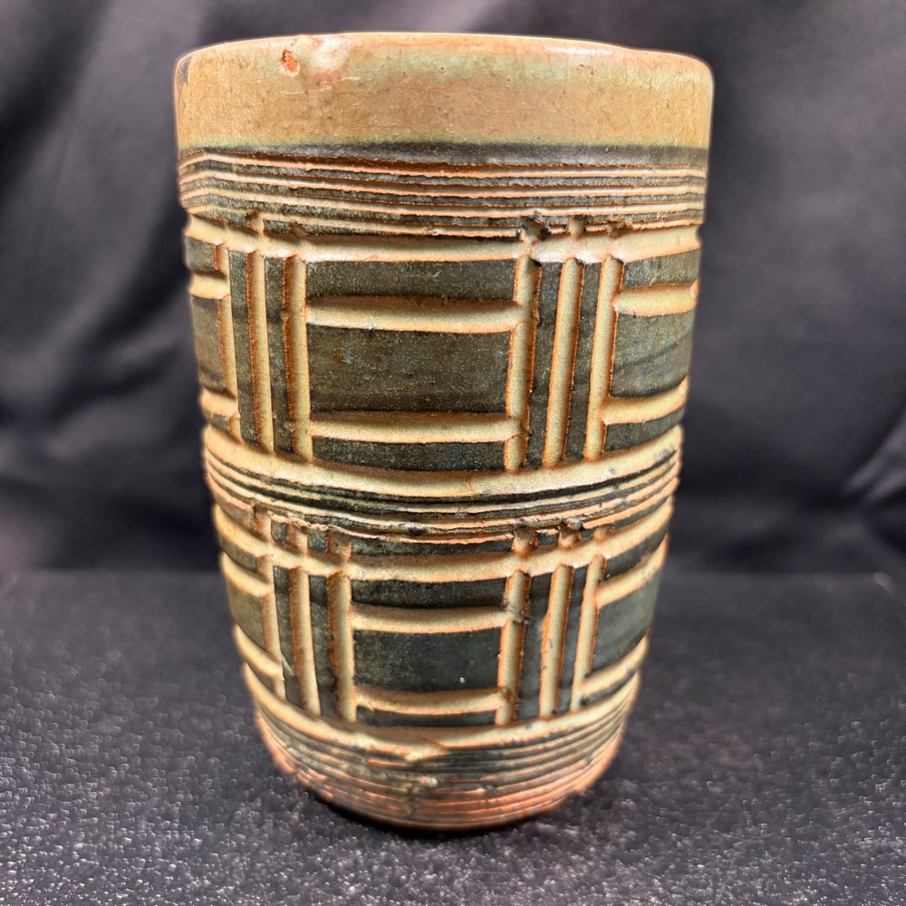 Vintage Studio Pottery Vase Carved Geometric Brutalist Ceramic Earth Tones